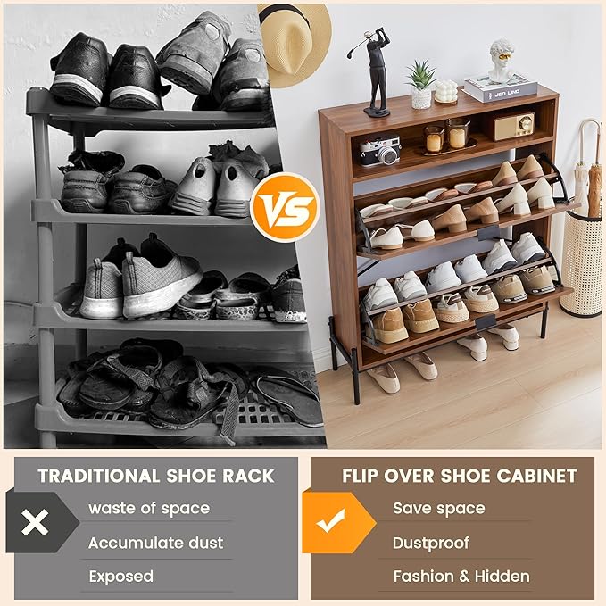 FurSch Fluted Shoe Cabinet with 2 Flip Drawers, Narrow Shoes Storage Organizer Rack with Circle Design Panel for Entryway Hallway (Walnut)