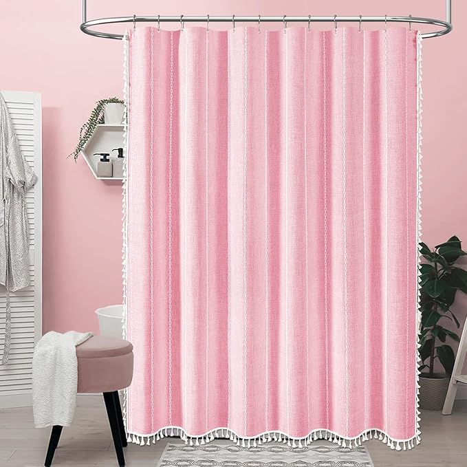 BTTN Pink Boho Shower Curtain, Linen Rustic Striped Fabric Shower Curtain Set with Tassel, Water Repellent, Bohemian Modern Farmhouse Cloth Shower Curtain for Bathroom with Hooks, 72"x72", Blush