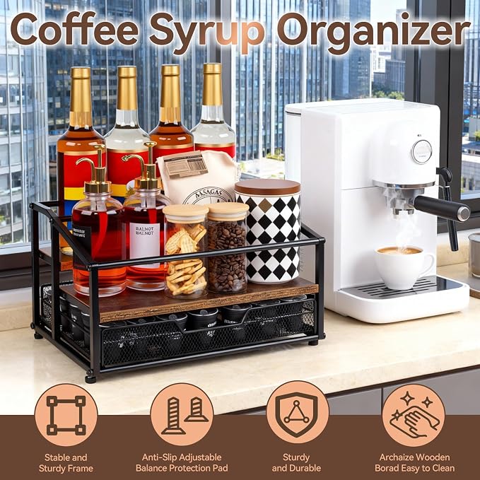 kimilus Coffee Syrup Rack Organizer, 3-Tier 8 Bottle Syrup Rack with 35 K Cup Drawer for Coffee Bar, Countertop Bottle Holder Stand for Dressing for Kitchen Cafe Station