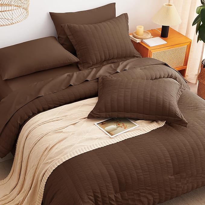 CozyLux Queen Comforter Set Brown Seersucker 7 Pieces Bed in a Bag Queen Comforter Set with Sheets, Luxury Soft Bedding Sets with Down Alternative Comforter, Sheets, Pillowcases & Shams for All Season