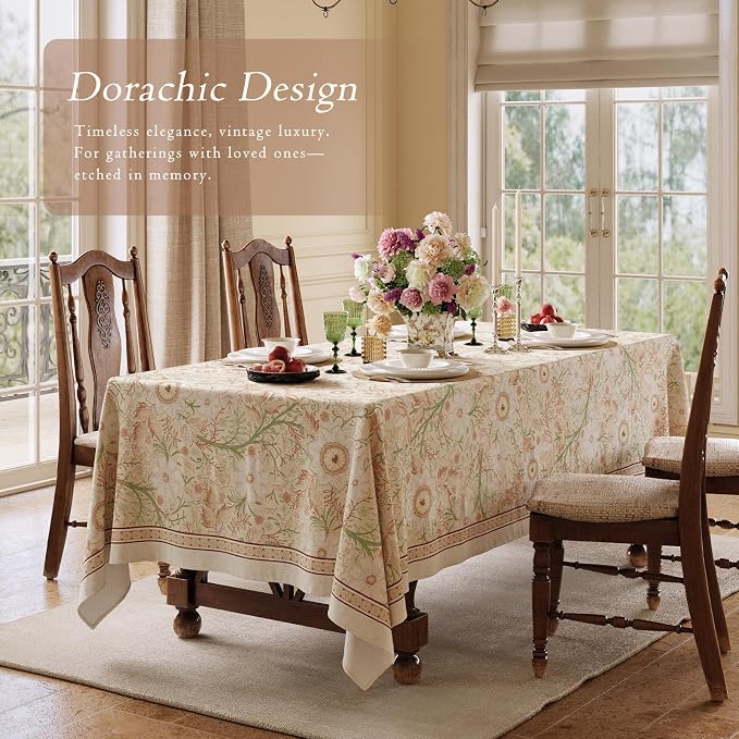 French Thick Linen Table Cloth Square Tables, Pink Floral Waterproof Wipeable Decorative Table Cover for Dining Kitchen Indoor Outdoor, 55" x 55", 2-4 Seats
