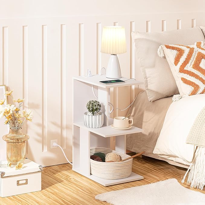 MAHANCRIS End Table with Charging Station, C-Shaped Narrow Side Table with LED Light, White Nightstand with Storage, Narrow Bedside Table for Small Spaces, End Tables Living Room, Bedroom, ETWT18E01Z