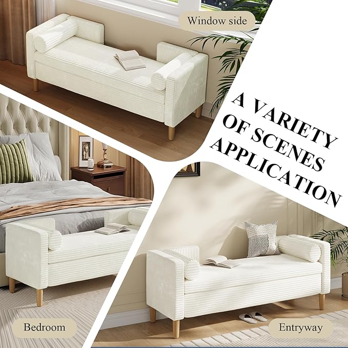 65.35" Storage Bench, Corduroy Upholstered End of Bed Bench with Bolster Pillows, Modern Storage Bench with Natural-Patterned Wooden Legs, Comfy Entryway Bench for Entryway (Beige)
