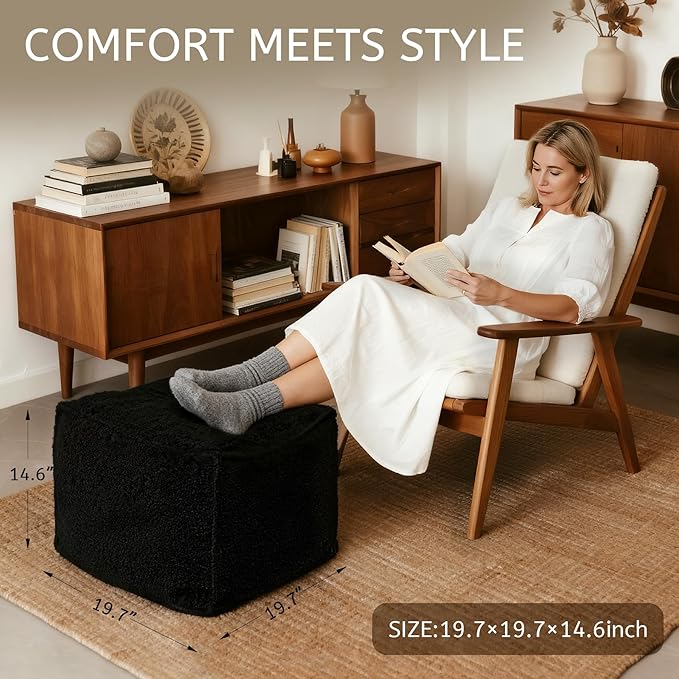 Square Boucle Pouf Ottoman Footrest, Soft & Lightweight Footstool with Foam Filling for Living Room & Bedroom, Laid-Back Lounge Style