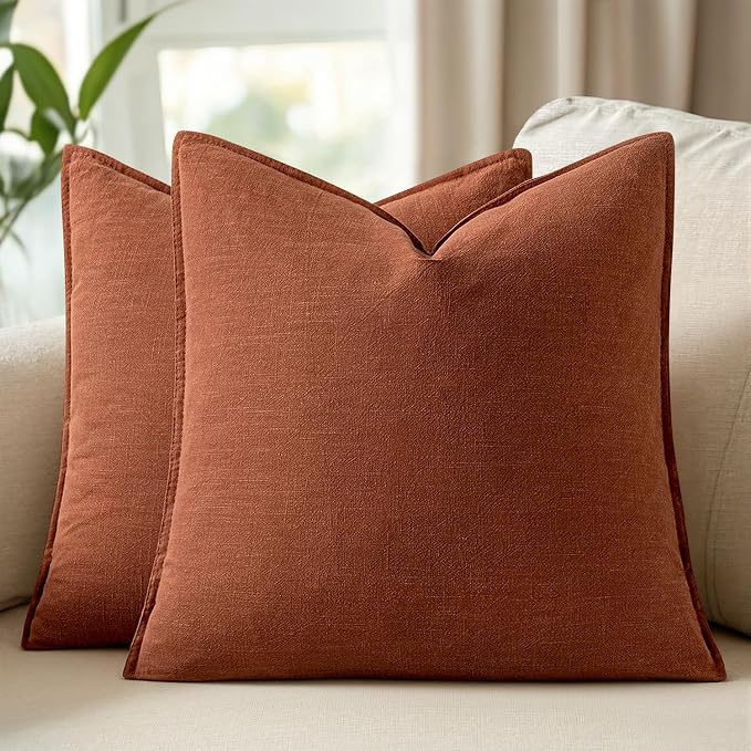26x26 Inch Set of 2 Decorative Linen Solid Throw Pillow Covers Boho Accent Farmhouse Couch Pillowcases Modern Netural Euro Home Decor for Couch Sofa Living Room Bed,Rust