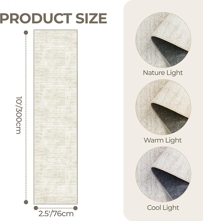 Kitchen Runner Rugs Non Skid Washable - 2.5 x 10 Runner Rug with Anti Slip Backing, Ultra-Thin Soft Rug Runner for Hallway, Bedroom, Living Room (2.5'x10', Beige)