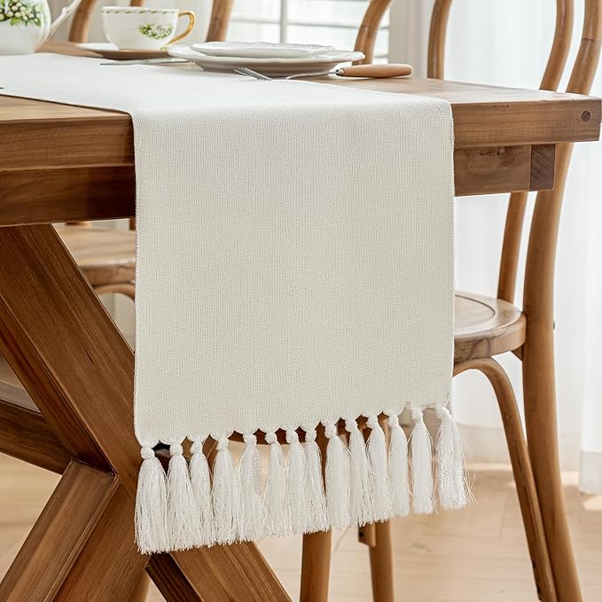Laolitou White Table Runners 90 Inches Long, Farmhouse Boho Table Runner, Linen Texture Rustic Dining Table Decor Long, 13x90 Inches, White