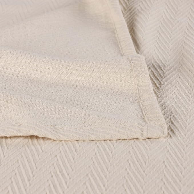Superior Metro 100% Cotton Blanket, Perfect for Bedroom, Living Room, Couch, Picnics, Travel, Beach, or Camping, Comfy Blanket, Bedroom Decor, Essentials, Zig-Zag Cover for Bed, King, Ivory