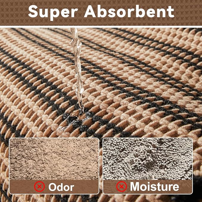 Triohero Waffle Runner Bath Mat - Long Bathroom Rugs Non Slip Washable, Ultra Soft Super Absorbent Quick Dry Boho Farmhouse Bathroom Decor, 24" x 72", Khaki & Black
