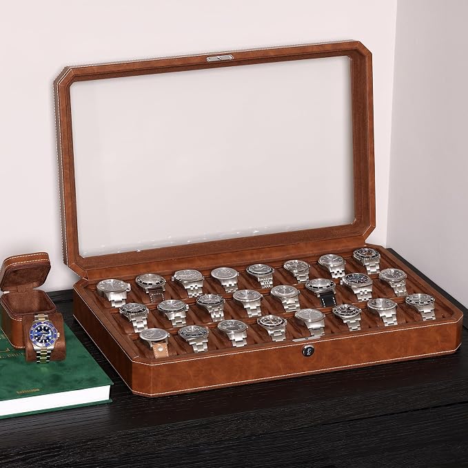 ROTHWELL 24 Slot Watch Case with Lock – Luxury Watch Box to Display and Organize Your Collection | Real Glass Top | Premium Storage for Collectors (Tan/Brown)