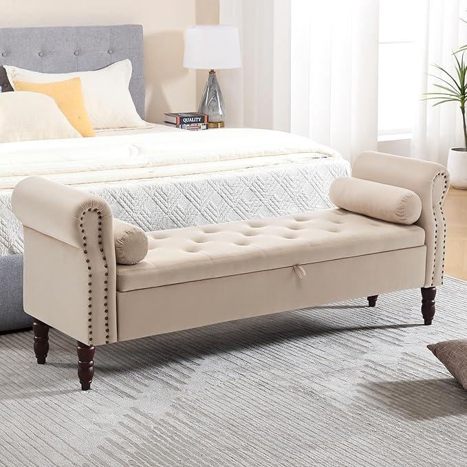 End of Bed Storage Bench King Size, 67" Storage Bench for Bedroom, Velvet Bed Bench with Storage Upholstered Tufted Storage Ottoman Bench with Arms for Bedroom, Living Room, Entryway,Khaki