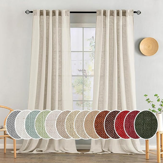 MIULEE Cream Linen Curtains 108 Inches Long 2 Panels for Bedroom Living Room, Soft Linen Textured Window Drapes Semi Sheer Light Filtering Back Tab Rod Pocket Farmhouse Modern Burlap Look Decor