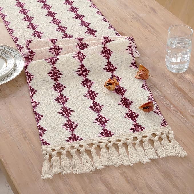 Fancy Homi Burgundy Boho Cotton Polyester Table Runner 108 Inches Long, Farmhouse Macrame Table Runners with Tassels for Home Party Bohemian Rustic Bridal Shower Kitchen Dining Decor 12x108 Inches