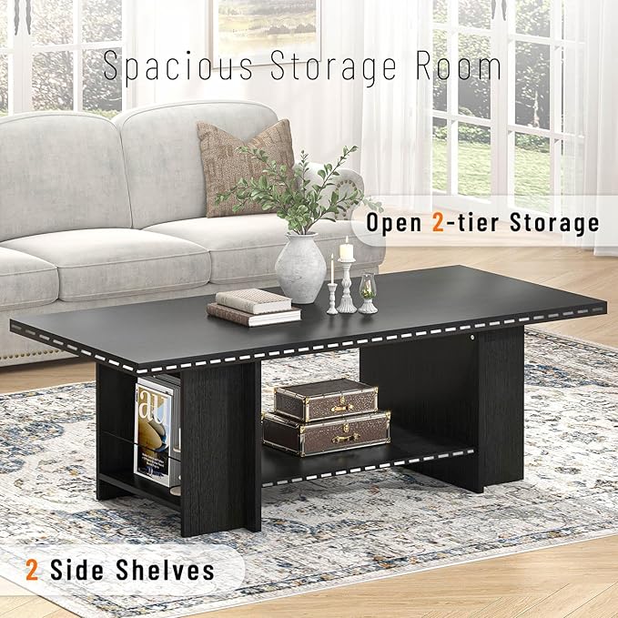 FOLUBAN Black Coffee Table with Storage Bottom Shelf & Side Shelves, Modern 2-Tier Living Room Center Table, Rectangular Wood Cocktail Tea Table for Home Office, 47 Inch