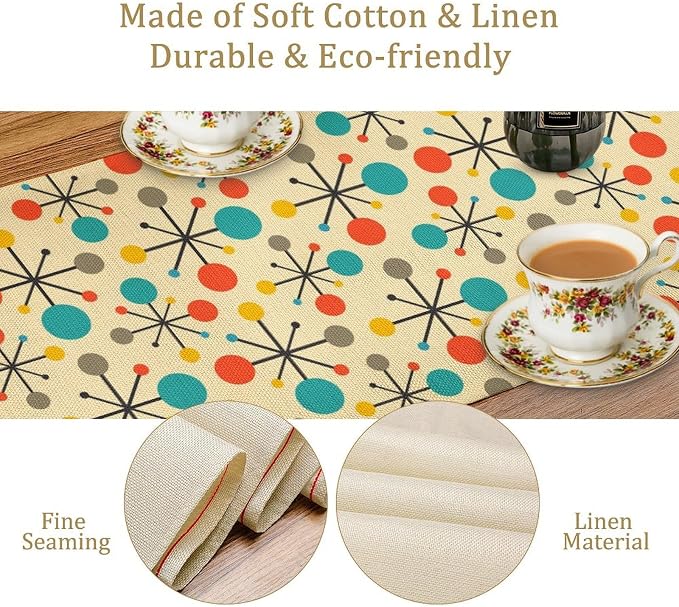 Mid Century Table Runner, Modern Atomic Pattern Absctract Geometric Retro 1950S 1960S Dinner Runner for Home Kitchen Dining Table Decoration 13x60 Inch
