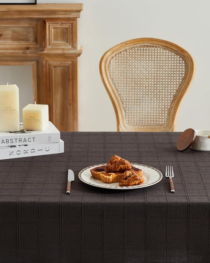 ZeeMart Linen Checked Table Cloth 52 Inches Round, Farmhouse Style Plaid Embroidered Water Resistant Table Cover, Charcoal