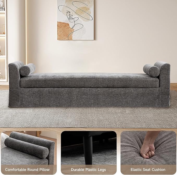 Chifee & Vingol 90.55" W Oversized Chaise Lounge Upholstered Bedroom Benches Extra-Long Indoor Bench Entryway Bench with Removable Pillows for Living Room Hallway,Gray