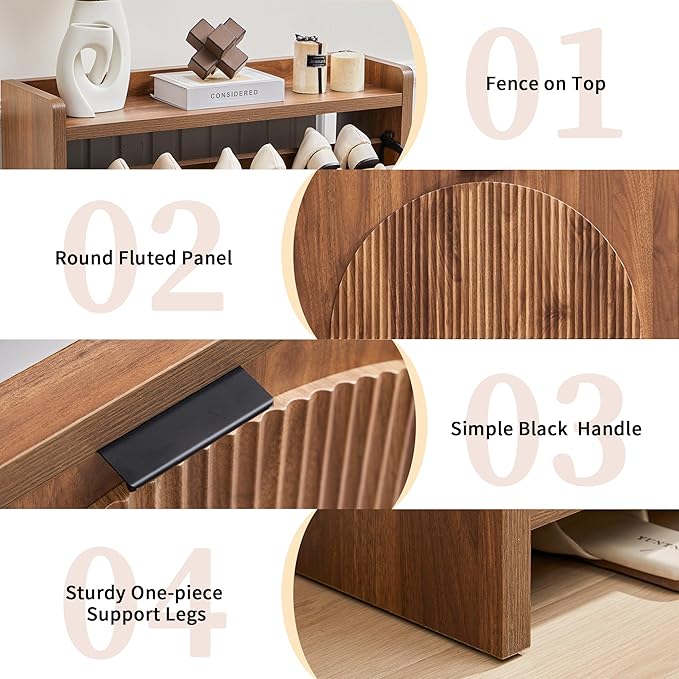 Narrow Shoe Cabinet Storage for Entryway, Wood Slim Shoe Rack Cabinet with 2 Flip Drawers, Freestanding Hidden Shoe Storage Organizer, Space-Saving, Fluted Pattern for Hallway,Living Room (Walnut)