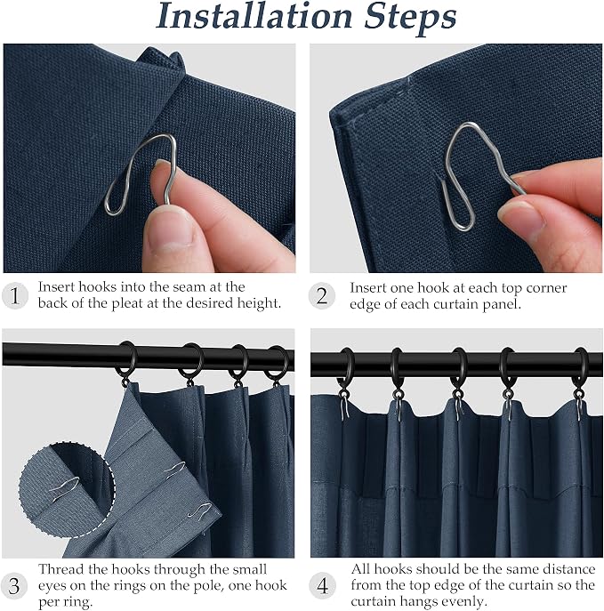 Aersas Denim Blue Pinch Pleated Linen Curtains 63 Inch Length 2 Panels for Living Room Bedroom Semi Sheer Window Curtain Boho Neutral Back Tab Pinch Pleat Drape with Hooks 40x63
