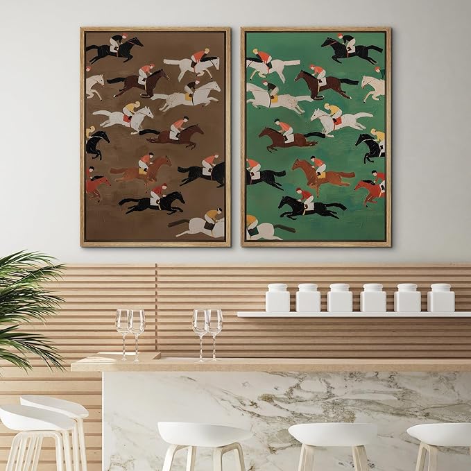 SIGNWIN Framed Canvas Print Wall Art Set Vintage Horse Racing Jockeys Illustrations Modern Art Rustic Colorful Ultra for Living Room, Bedroom, Office - 24"x36"x2 Natural