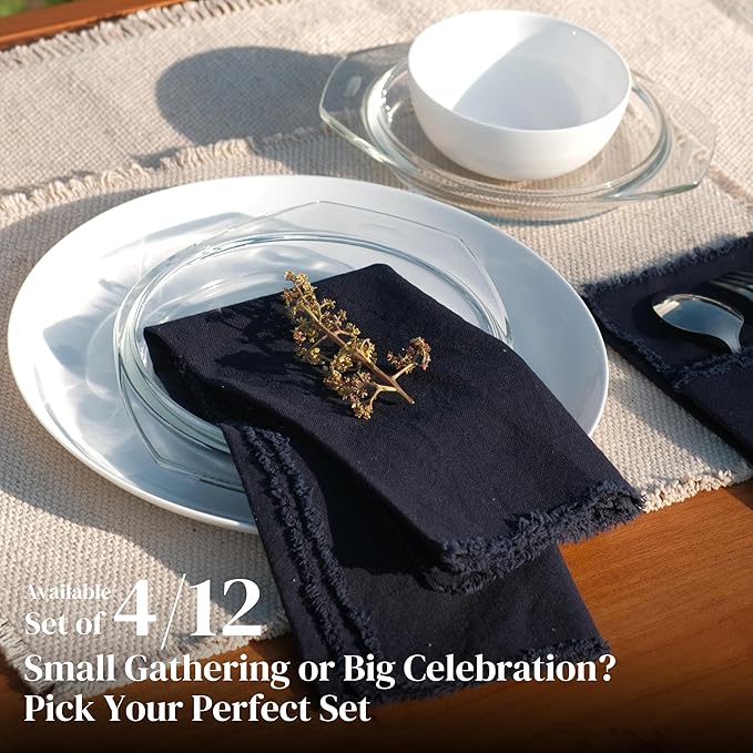 Palisa Premium Cotton Dinner Napkins Set of 12 | Steel Grey Frayed Edge Rustic Farmhouse Table Linen | Soft Washable Long Lasting Durable Cloth Serviettes for Wedding Dining Decor 18x18 Inch