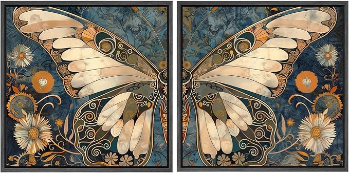 SIGNFORD Framed Canvas Print Wall Art Set Vintage Butterfly Floral and Insect Illustrations Modern Art Minimal Relax/Calm for Living Room, Bedroom, Office - 24"x24"x2 Black