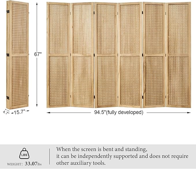 Pegboard Display, 5.6Ft Portable Freestanding Wall Organizer Wooden Room Divider Folding Privacy Screens for Craft Art Display Board (6 Panels, Natural)