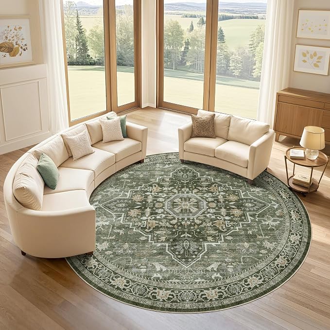 Round Rug Living Room Rugs: 7x7 Washable Boho Neutral Large Circle Soft Indoor Floral Stain Resistant Floor Farmhouse Carpet for Bedroom Nursery Kids Playroom Office Dining Room- Dark Green