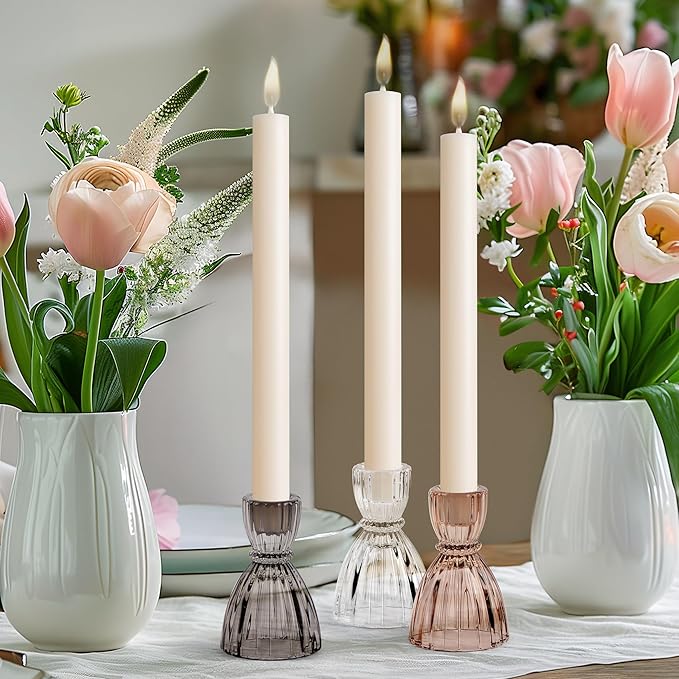Torre & Tagus Fluted Hourglass Pink Glass Candlestick Holder - Clear Glass Wedding Dress Taper Candle Holders, Ribbed Shape for Standard Candlesticks as Party Table Decor, Modern Home Decor (Olivia)