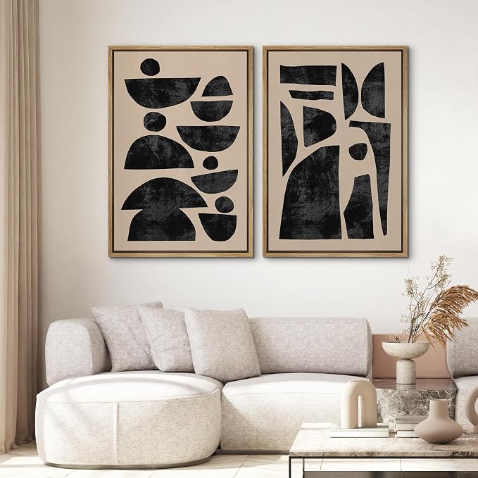 SIGNWIN Framed Canvas Print Wall Art Set Mid-Century Semi-Circle Polygons Variety Abstract Shapes Illustrations Modern Art Minimal Boho for Living Room, Bedroom, Office - 16"x24"x2 Natural