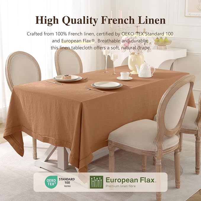 Linen World Fall Linen Tablecloth 120" x 60" Inch,French Linen Washable Rectangular Table Cloth for Dining,Outdoor, Weddings and Restaurants,Decorative Thanksgiving Christmas,Beige Hemstitch