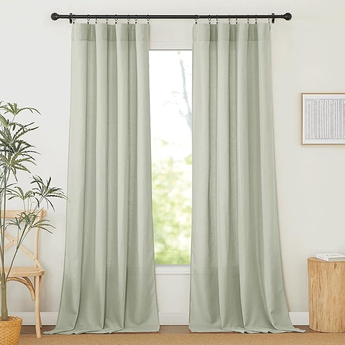 RYB HOME Linen Sheer Curtains 2 Panels for Living Room, Semi Transparent Privacy Drapes with Rod Pocket Farmhouse Style Window Treatments for Bedroom, Sage Green, 52" W x 84" L