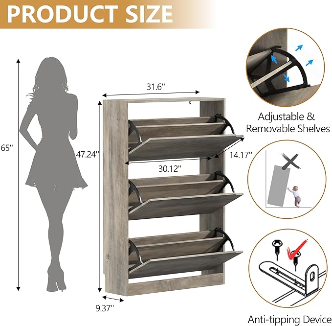 Wodeer Shoe Storage Cabinet with 3 Flip Drawers, Slim Hidden Wood Shoe Cabinet Storage for Entryway, Freestanding Narrow Shoe Rack Organizer with Adjustable Shelves for Foyer, Hallway, Grey