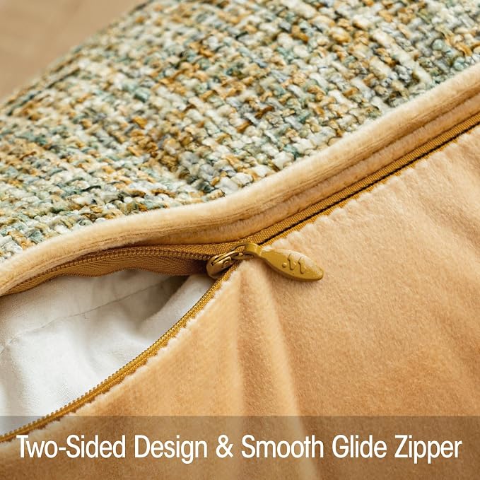 a moment Yellow Reversible Pillow Covers 2 Pack - Farmhouse Chenille Velvet Throw Pillows, Neutral Textured Decorative Throw Pillow Covers with Border for Couch Sofa Bed (20x20 Inch, No Insert)