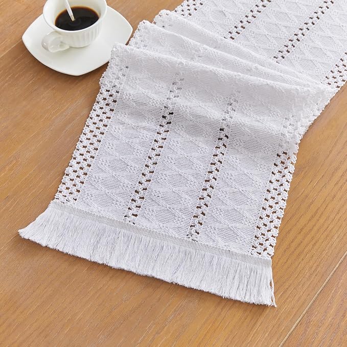 YATOJUZI White Table Runner Pure White Boho Table Runners with Tassels Seasonal Long Table Runner Rustic Farmhouse Table Runners for Christmas Centerpieces Dining Bedroom Kitchen Decor 12x95 Inches