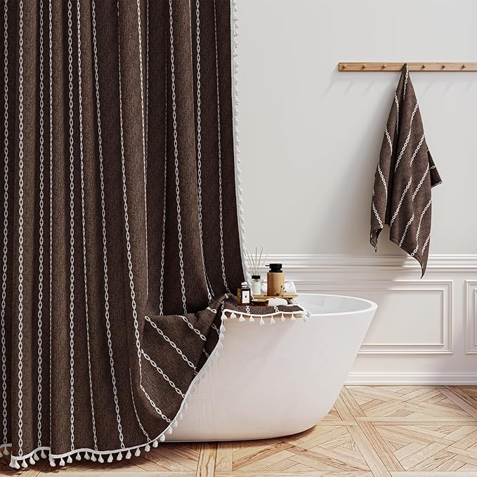 BTTN Boho Farmhouse Shower Curtain - Linen Rustic Heavy Duty Striped Fabric Shower Curtain Set, Bohemian Vintage Country Cloth Shower Curtains for Bathroom, Brown, 72" W x 78" L (Pack of 1)