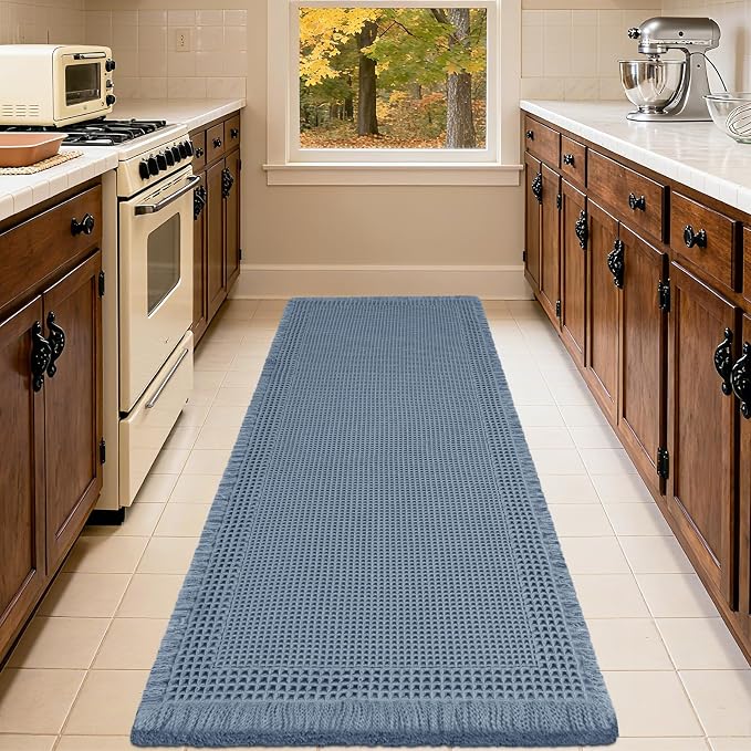 IM HOME Extra Large Waffle Bath Mat, Boho Bathroom Rugs Absorbent Non Slip, Ultra Soft Bathroom Mat, Machine Washable Knit Bath Rugs with Border for Bathroom, Bedroom, Kitchen, Tub, 5'x2', Blue