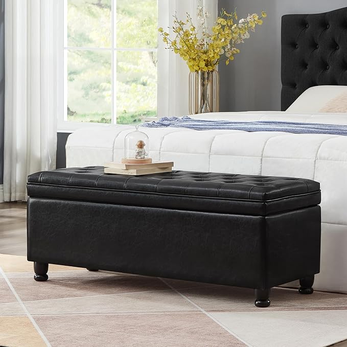 Upholstered Modern Upholstered Storage Ottoman Bench with Arms, 45" End of Bed Bench for Entryway, Bedroom, Living Room,Black