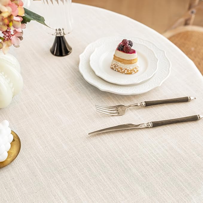 Alsoo Tablecloth Round Table 55" x 55" Linen Look Texture Cotton Tablecloth Waterproof Wrinkle Free Heavy Duty Tables Cover with Tassel for Kitchen Dining Holiday Party, Ivory