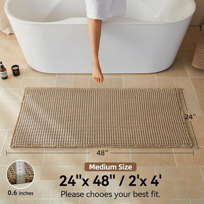 Triohero Waffle Bath Mat, Boho Bathroom Rugs Non Slip Washable, Ultra Soft Super Absorbent Quick Dry Farmhouse Bathroom Decor, 24" x 48", Beige