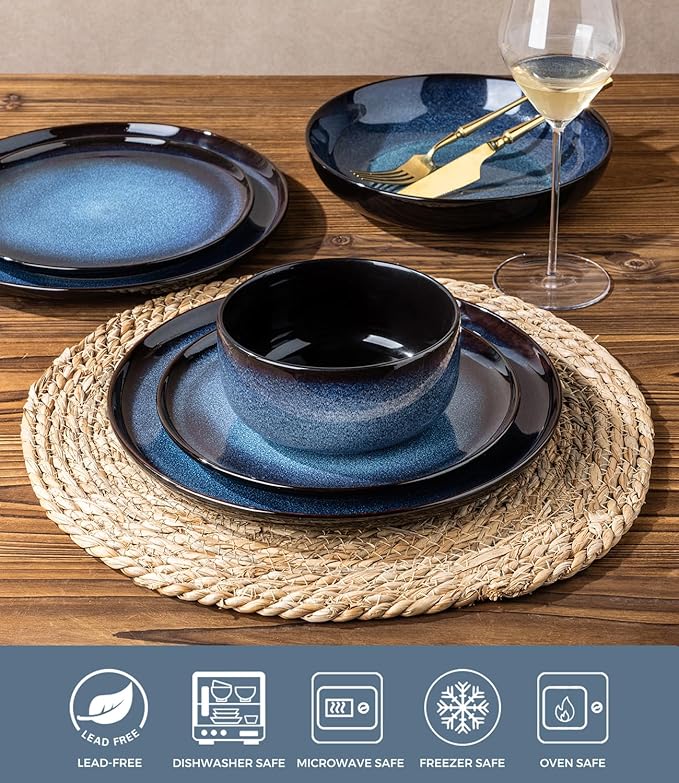 LERATIO Ceramic Dinnerware Sets with Pasta Bowls for 4,Reactive Glaze Plates and Bowls Sets,Oven &Microwave & Dishwasher Safe,Light Weight & Scratch Resistant Dishes Sets-Service for 4 (16pcs)-BLUE