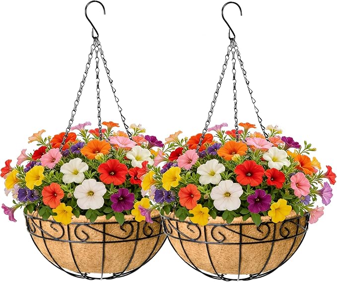 EIMQUVW 2 Pack Outdoor Patio Hanging Baskets 12 Inch Chain Link Round Metal Hanging Planters with Coco Liner Wire Flower Pots Suitable for Balconies Porches Gardens and Windowsills