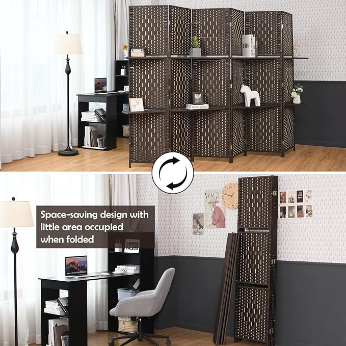 Giantex 6Ft 6 Panel Room Divider with Shelves, Freestanding Hand-Woven Rattan Folding Privacy Screens for Room Separation, Wooden Partition Room Divider Wall for Home Office Studio Separator