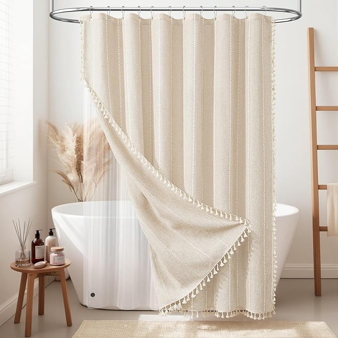 BTTN 3 in 1 Shower Curtain with Liner, 80 Inch Long Boho Linen Striped Cloth Shower Curtain Set with Hook, Large Modern Farmhouse Bohemian Waterproof Shower Curtain for Bathroom, Cream/Beige, 72x80