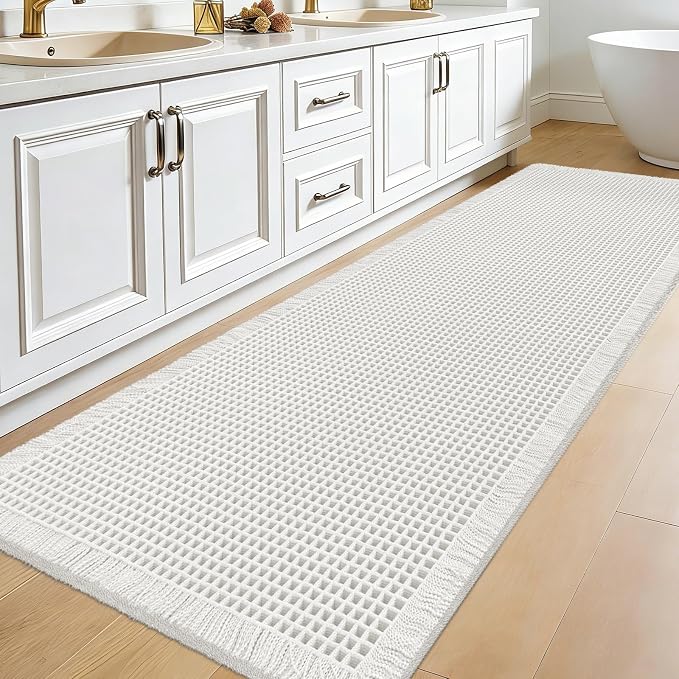 Accumtek Extra Large Waffle Bath Mat, 5'x2' White, Super Absorbent Non-Slip Quick Dry Bathroom Rugs with Tassels, Machine Washable Ultra Soft Boho Bath Rugs for Floor, Toilet Mats Boho Farmhouse Decor