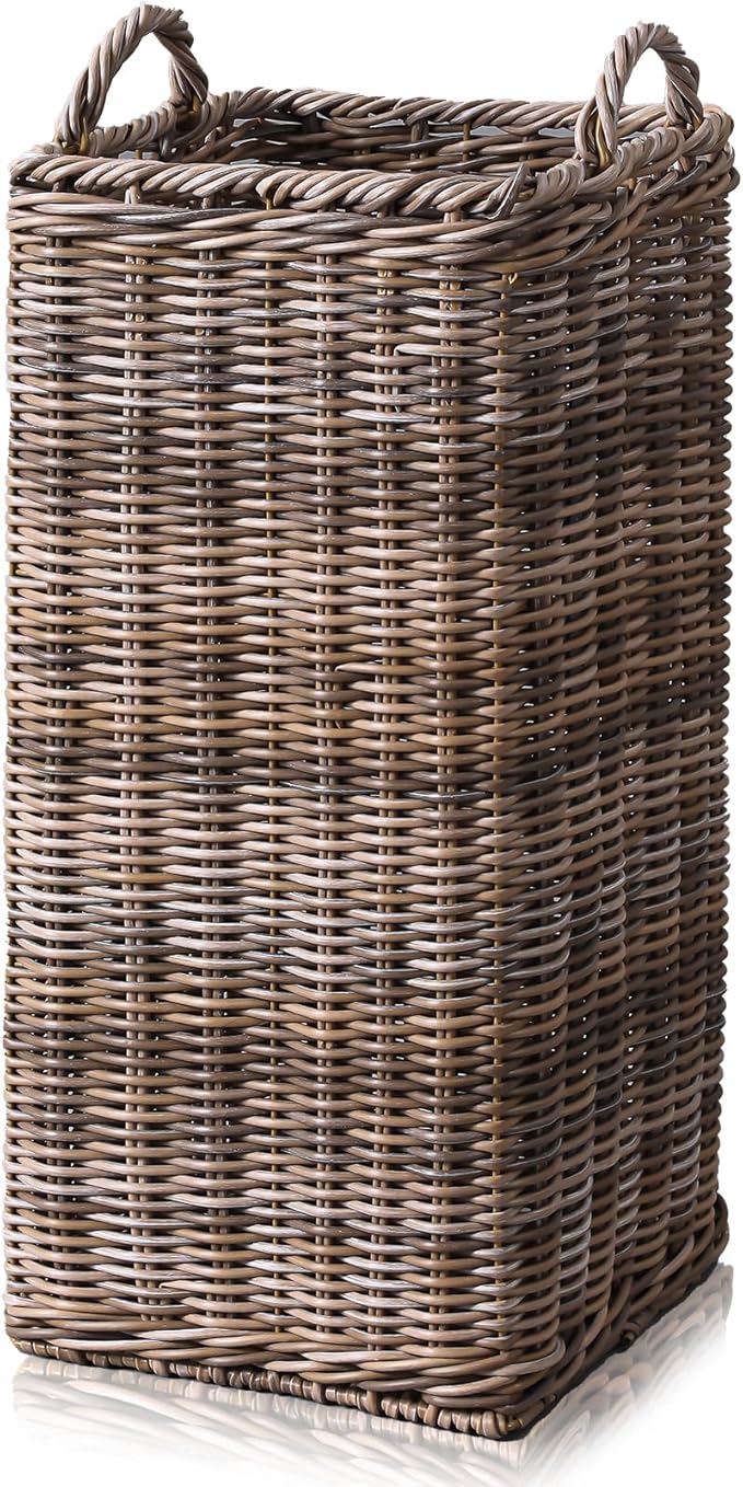 GlikCeil Rattan Umbrella Holder for Entryway 20.5h x 9l x 9w Inch Square Umbrella Stand with Plastic Water Catch, Umbrellas Basket Bucket Fit Walking Cane Tall Umbrellas Storage for Home Office