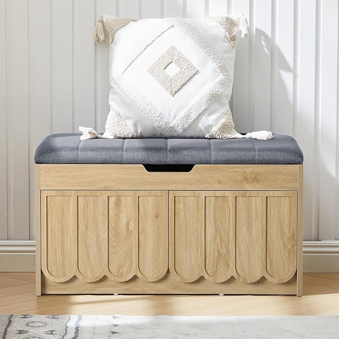 ORRD Shoe Storage Bench with Cushion, Entryway Shoe Cabinet Bench with 2 Scalloped Doors & Adjustable Shelf, 2-Tier Shoe Rack Organizer Cabine for Entryway, Hallway, Living Room (Natural)