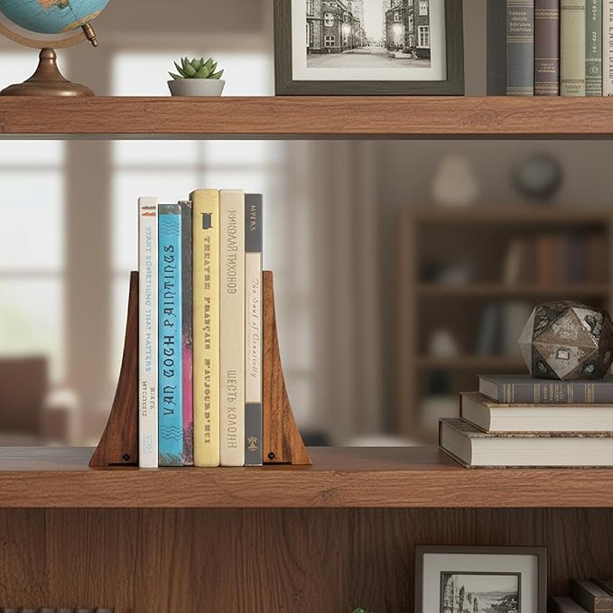 TILISMA Walnut Bookends for Shelves | Wooden Book Ends for Shelves | Sturdy Book Holders, Stoppers with Metal Base for Bookshelves | Slick Decorative Bookends Stands Firmly on Bookshelf (2 Pair)
