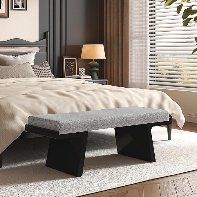 47.2’’ Bed Bench, Modern Upholstered Living Room Bench with Solid Wood Legs, Wooden Shoe Bench with Floating Design, Linen Fabric Dining Bench for Kitchen, Entryway (Grey/Black)