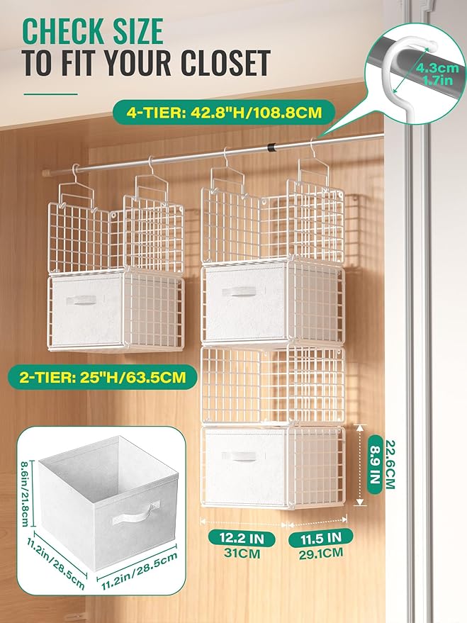 Hanging Closet Organizer with Drawers, 4 Tier Metal Closet Organizers and Storage with 4 Hanging Hooks 4 S-Hooks for Wardrobe Laundry Room, Wire Storage Shelf for Clothes Sweaters Pants (White)